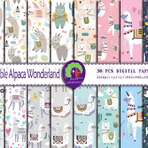B_S_0013 / 30 Designs Adorabile Alpaca Carta digitale senza soluzione di continuità / Graziosi motivi di lama / Boho e pastello / Carta a tema deserto / Sfondi di cactus