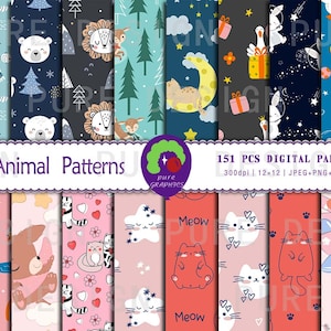 May include: A set of 151 digital papers featuring cute animal patterns. The patterns include a variety of animals, such as cats, dogs, bears, and owls. The papers are perfect for creating scrapbook pages, cards, invitations, and other craft projects. 300dpi | 12x12 | JPEG+PNG+AI