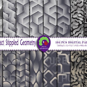 Peut inclure: Un ensemble de 104 papiers numériques présentant des motifs géométriques abstraits dans un style stippé. Les motifs sont dans des tons de gris et de blanc, et ils sont disposés en grille.