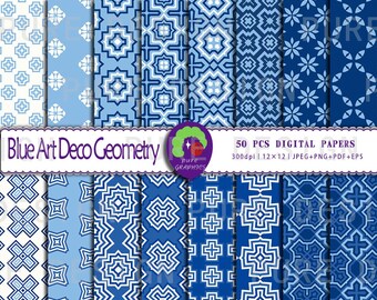 May include: Set of 50 digital papers featuring blue and white geometric patterns in an art deco style. The papers are 12x12 inches and 300 dpi.