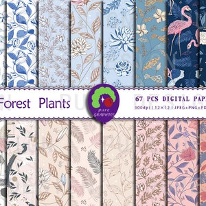 May include: A set of 67 digital papers featuring forest plants and pink flamingos. The papers are 12x12 inches and 300 dpi. The papers are available in JPEG, PNG, PDF, and AI formats.