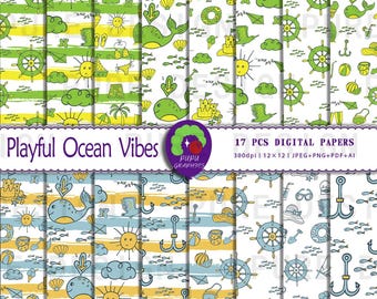 B_S_0011 | 17 ontwerpen Speels naadloos digitaal papier Ocean Vibes | Nautische patronen | Leuke strand- en zeeontwerpen | Zomer plakboek