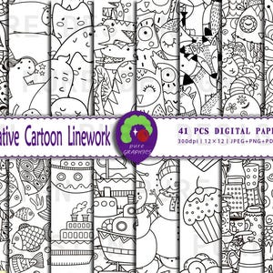May include: Set of 41 digital papers featuring black and white cartoon linework illustrations. The illustrations include a variety of whimsical characters, objects, and patterns. The papers are 30.5 cm by 30.5 cm and 300 dpi.