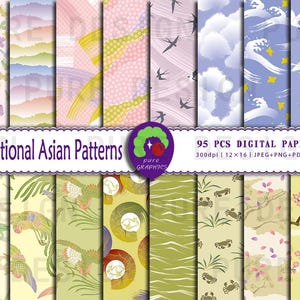 Puede incluir: Un conjunto de 95 papeles digitales con motivos asiáticos tradicionales. Los papeles incluyen diseños con mariposas, pájaros, olas, flores y patrones geométricos. Los papeles son de 300 dpi y están disponibles en 12x16 pulgadas.