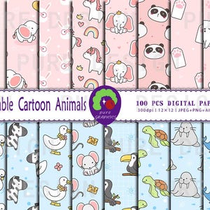 May include: A set of 12 digital papers featuring adorable cartoon animals. The papers are in a pink and blue colour scheme and feature a variety of animals, including elephants, unicorns, pandas, cats, swans, zebras, ducks, mice, toucans, turtles, walruses, and whales. The papers are perfect for scrapbooking, card making, and other craft projects.