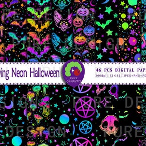Op de afbeelding: Een set van 46 digitale papieren met een neon-glow-in-the-dark Halloween-thema. De papieren bevatten verschillende ontwerpen, waaronder vleermuizen, pompoenen, sterren, manen, paddenstoelen, schedels, pentagrammen en katten. De papieren zijn 300 dpi en 30,48 cm x 30,48 cm.