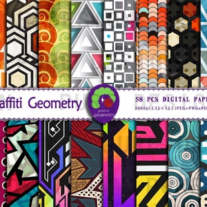 Pode incluir: 58 papéis digitais com padrões geométricos em uma variedade de cores, incluindo vermelho, azul, verde, amarelo, preto e branco. Os papéis são de 12x12 polegadas e 300 dpi. O texto "Graffiti Geometry" está na parte superior da imagem.