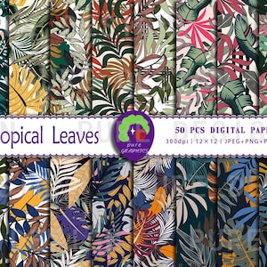 May include: 50 digital papers featuring tropical leaf patterns in various colors, including green, yellow, blue, red, and white. The papers are 12x12 inches and 300 dpi. The text "Tropical Leaves" is at the top of the image.