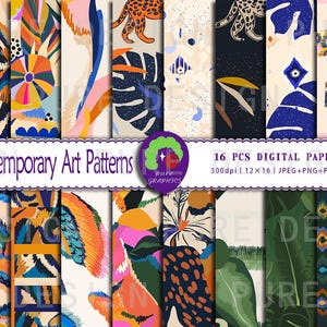 Op de afbeelding: Set van 16 digitale papieren met hedendaagse kunstpatronen. De patronen omvatten abstracte geometrische vormen, tropische bladeren, dierenprints en ikat-ontwerpen in verschillende kleuren.