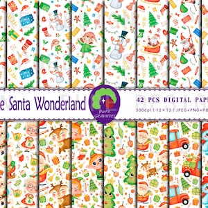 B_S_0334 | 42 Designs Festive Santa Wonderland Seamless Digital Paper | Santa, Elves, Snowmen, Reindeer, Christmas Cheer | Holiday Crafts