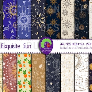 Pode incluir: Uma coleção de 44 papéis digitais com designs celestiais e botânicos. Os papéis apresentam sóis, luas, estrelas e cactos em várias cores, incluindo dourado, azul marinho e creme. O texto "Exquisite Sun" é exibido.