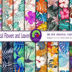 以下が含まれることがあります： さまざまな色とパターンで熱帯の花と葉が描かれた、50枚のデジタルペーパーのセットです。ペーパーは300dpiで、サイズは12x12インチです。画像には「Tropical Flowers and Leaves」と「50 PCS DIGITAL PAPERS」のテキストが含まれています。