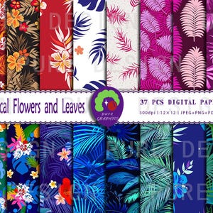 Pode incluir: 37 papéis digitais com flores e folhas tropicais em várias cores e padrões. Os papéis são de 12x12 polegadas e 300 dpi. Os papéis estão disponíveis nos formatos JPEG, PNG, PDF e AI.