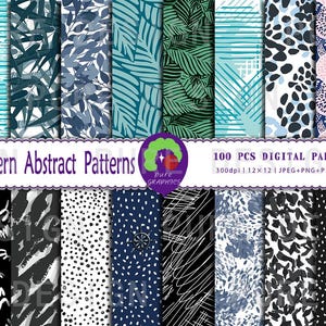 Puede incluir: Un conjunto de 100 papeles digitales con patrones abstractos modernos en negro, blanco, azul y verde. Los patrones incluyen formas geométricas, líneas, puntos y hojas. El texto "Modern Abstract Patterns" y "100 PCS DIGITAL PAPERS" está incluido en la imagen.