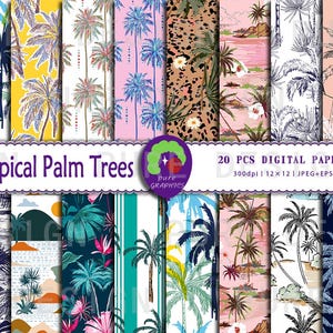 Könnte beinhalten: Ein Set mit 20 digitalen Papieren mit tropischen Palmen in verschiedenen Stilen und Farben. Die Papiere sind 12x12 Zoll groß und haben eine Auflösung von 300 dpi. Die Papiere eignen sich perfekt für Scrapbooking, Kartenherstellung und andere Bastelprojekte.