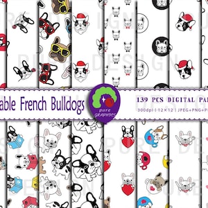 B_S_0340 / 139 diseños de adorables bulldogs franceses en papel digital sin costuras / Poses divertidas, accesorios divertidos / Perfecto para amantes de los perros y manualidades