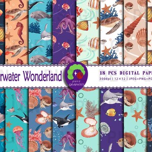 B_S_0232 | 18 Designs Underwater Wonderland Seamless Digital Paper | Ocean-Themed Digital Papers | Fish, Coral, Seashells & Marine Life