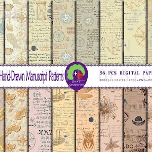 B_S_0329 | 56 motifs vintage manuscrits dessinés à la main sur papier numérique sans couture | Cartes anciennes, Boussole, Écriture manuscrite, Dessins anciens