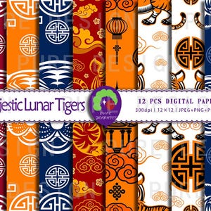 Puede incluir: Doce papeles digitales con un patrón repetitivo de diseños de inspiración china en rojo, naranja, blanco y azul. Los diseños incluyen tigres, nubes, linternas y patrones geométricos. El texto "Majestic Lunar Tigers" y "12 PCS DIGITAL PAPERS" está incluido en la imagen.