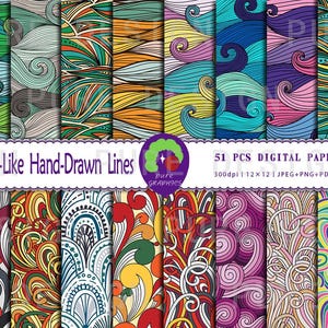 May include: Set of 51 digital papers featuring colorful, hand-drawn wave-like lines. The papers are 12x12 inches and 300 dpi. The file formats included are JPEG, PNG, PDF, and AI.