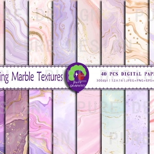 Peut inclure: 40 papiers numériques avec des textures de marbre fluide dans des tons de rose, violet et or. Les papiers sont en 300 dpi et mesurent 12x16 pouces.