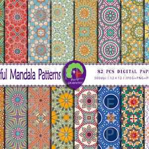 May include: 82 digital papers featuring colorful mandala patterns in various colors and designs. The papers are 12x12 inches and 300 dpi. The file formats are JPEG, PNG, PDF, and EPS.