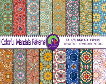 A_S_0086 | 82 Designs Bunte Mandala Muster Nahtlos Digitales Papier | Boho Designs mit geometrischen und floralen Elementen | Basteln & Dekor