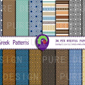 Puede incluir: Un conjunto de 26 papeles digitales con patrones de clave griega en varios colores, incluyendo negro, blanco, azul, marrón y dorado. Los papeles son de 30,48 cm por 30,48 cm y 300 dpi. El texto "Greek Patterns" y "26 PCS DIGITAL PAPERS" está incluido en la imagen.