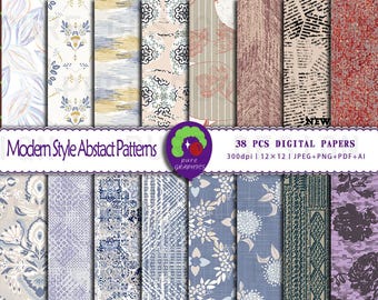 May include: A set of 38 digital papers featuring abstract patterns in various colors, including blue, white, gray, and red. The papers are 12x12 inches and 300 dpi. The text "Modern Style Abstract Patterns" and "38 PCS DIGITAL PAPERS" is displayed on the image.