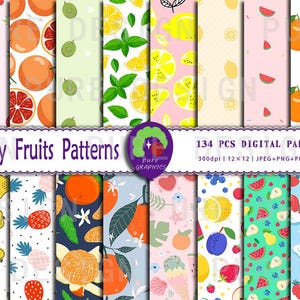 May include: A set of 12 digital paper patterns featuring various fruits, including lemons, oranges, strawberries, watermelon, pears, pineapples, and blueberries. The patterns are in a variety of colors and styles, and are perfect for crafting, scrapbooking, and other creative projects. The text "Juicy Fruits Patterns" and "134 PCS DIGITAL PAPERS" is included in the image.
