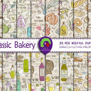 May include: A set of 22 digital papers featuring a classic bakery theme. The papers are 12x12 inches and 300 dpi. The papers include images of bread, pastries, coffee, tea, wine, and beer. The papers are in a vintage style with a light beige background and brown, black, and red accents.