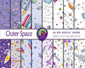 B_S_0353 / 44 Designs Spazio Esterno Carta Digitale Senza Soluzione di Continuità / Razzi, Pianeti, Stelle e Avventure Galattiche / Bambini, Progetti a Tema Cosmico