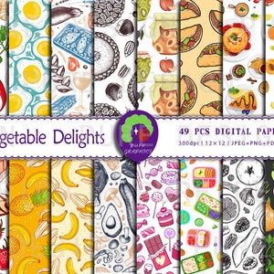 Puede incluir: Un conjunto de 49 papeles digitales con ilustraciones de diversos alimentos, incluyendo huevos, plátanos, aguacate, chocolate y mucho más. Los papeles son de 30,5 x 30,5 cm y 300 dpi. El texto "Vegetable Delights" y "49 PCS DIGITAL PAPERS" está incluido en la imagen.