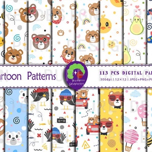 B_S_0275 | 113 Designs Cartoon Seamless Digital Paper | Bear | Bee | Avocado | Airplane | Baseball | Hot Air Balloon | Penguin | Rainbow