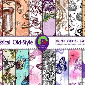 May include: A set of 36 digital papers in a vintage style with various patterns including butterflies, flowers, and nautical themes. The papers are 12 inches by 12 inches and 300 dpi. The papers are available in JPEG, PNG, PDF, and AI formats.