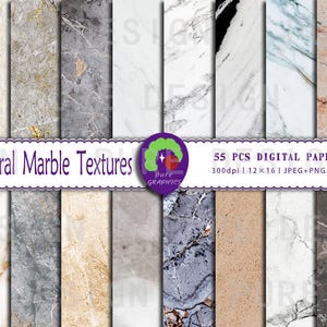 May include: 55 digital papers featuring natural marble textures in various shades of gray, white, and beige. The papers are 300 dpi, 12x16 inches, and available in JPEG, PNG, and PDF formats.