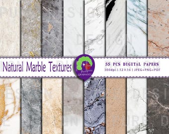 May include: 55 digital papers featuring natural marble textures in various shades of gray, white, and beige. The papers are 300 dpi, 12x16 inches, and available in JPEG, PNG, and PDF formats.