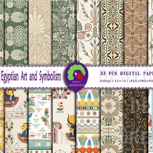May include: A digital paper pack featuring 33 different designs inspired by ancient Egyptian art and symbolism. The designs include geometric patterns, hieroglyphs, and images of gods and goddesses. The pack includes 12x12 inch digital papers in JPEG, PNG, PDF, and AI formats.
