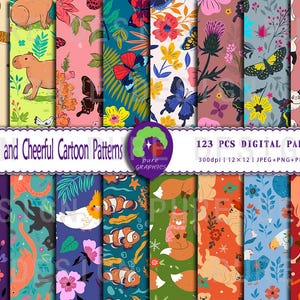 B_S_0350 / 123 diseños de adorables y alegres patrones de dibujos animados en papel digital sin costuras / Animales, mariposas, flores, diseños con temática de la naturaleza