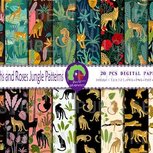May include: 20 digital papers featuring a jungle pattern with cheetahs, roses, and tropical leaves. The papers are 12x12 inches and 300 dpi. The papers are available in JPEG, PNG, PDF, EPS, and AI formats.