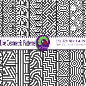 May include: Set of 156 digital papers featuring black and white maze-like geometric patterns. The papers are 12 inches by 16 inches and 300 dpi. The file formats included are JPEG, PNG, PDF, and AI.