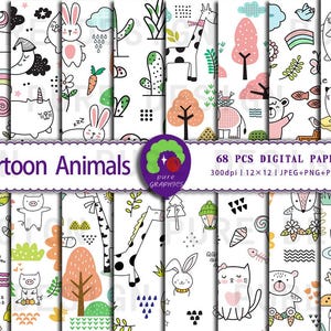 B_S_0102 | 68 Designs Cartoon Animals Seamless Digital Paper | Cute and Fun Patterns with Animals, Rainbows for Scrapbooking & Crafts