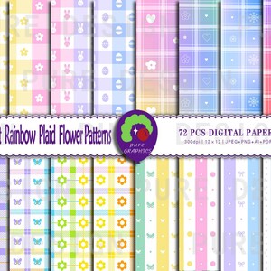 May include: 72 digital papers with gradient rainbow plaid flower patterns. The patterns include butterflies, flowers, hearts, and eggs. The papers are 12 inches by 12 inches and 300 dpi.