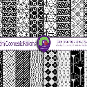 Puede incluir: Una colección de patrones geométricos modernos en blanco y negro. La imagen incluye varios diseños como triángulos, cuadrados y formas abstractas. El texto en la imagen dice "Modern Geometric Patterns" y "105 PCS DIGITAL PAPERS".