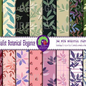 Puede incluir: Una colección de 34 papeles digitales con diseños botánicos minimalistas. Los papeles presentan patrones de hojas y flores en tonos verdes, azules, rosas y morados. El texto "Minimalist Botanical Elegance" está arriba y "34 PCS DIGITAL PAPERS" abajo.