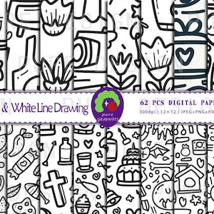 Puede incluir: Un conjunto de 62 papeles digitales con dibujos de línea en blanco y negro de varios objetos, incluyendo una sandía, un pastel, una casa, una cruz, una botella, un vaso, una estrella, una flor, una cámara, una piña, un caramelo, un hueso, un corazón y una tabla de surf. Los papeles son de 300 dpi y 30,48 cm x 30,48 cm.