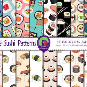 B_S_0073 | 49 ontwerpen: schattig naadloos digitaal sushipapier | Leuke en kleurrijke sushipatronen voor scrapbooking, knutselen en doe-het-zelfprojecten