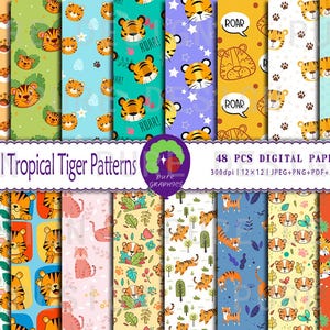 B_S_0050 | 48 Designs Playful Tropical Tiger Patterns Seamless Digital Paper | Cute Tiger Designs | Tropical Digital Paper for Kids Crafts