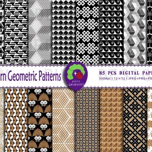 May include: A set of 85 digital papers featuring modern geometric patterns in black, white, and gold. The patterns include geometric shapes, lines, and swirls. The papers are 300 dpi and 12x12 inches.