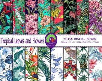 B_S_0071 | 74 Designs Tropische Blätter und Blumen Nahtloses Digitales Papier | Exotische Pflanzen, Vögel und Schmetterlinge für Scrapbooking & Kunsthandwerk